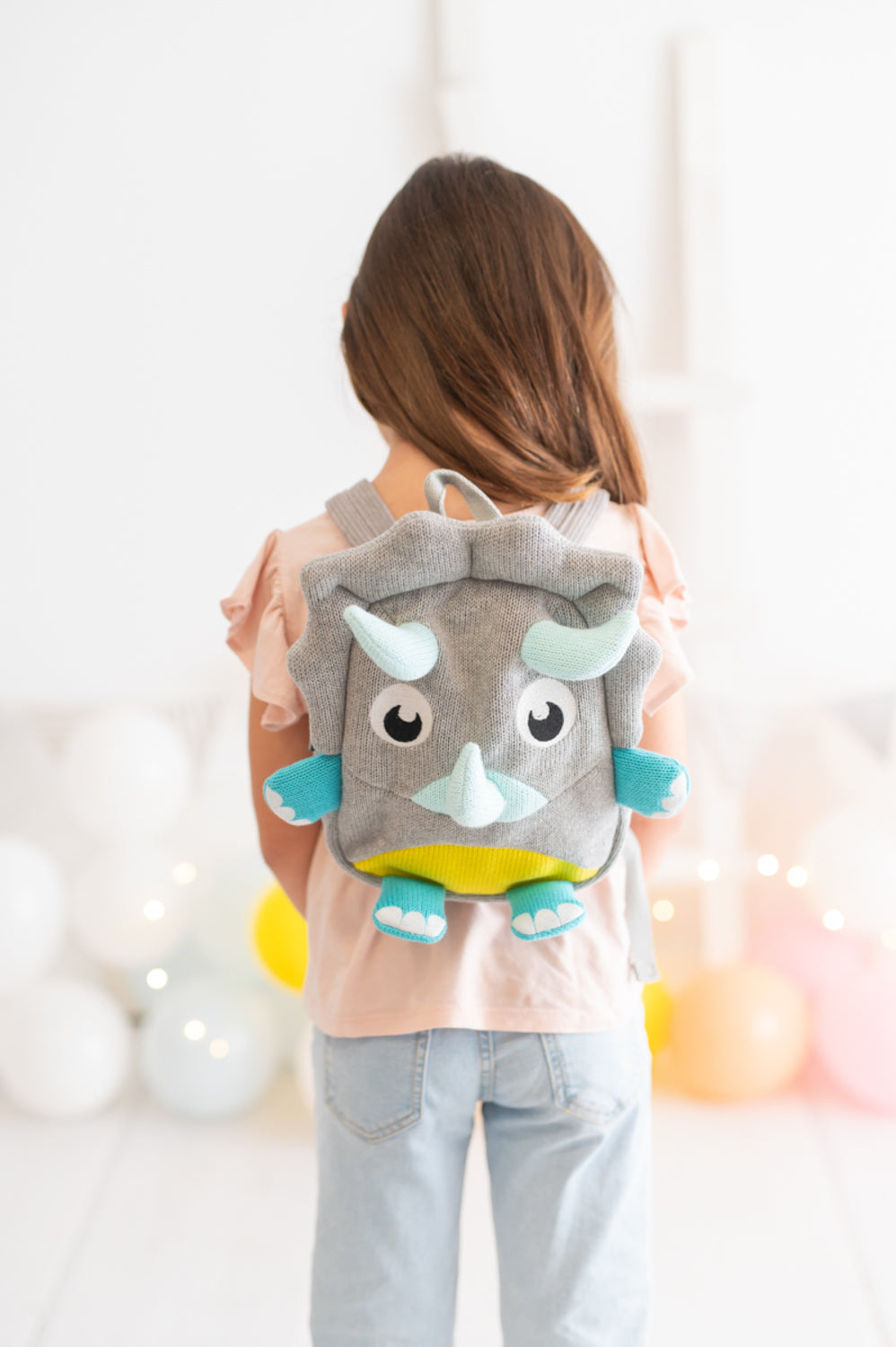 Mochila infantil algodón dinosaurio gris y azul