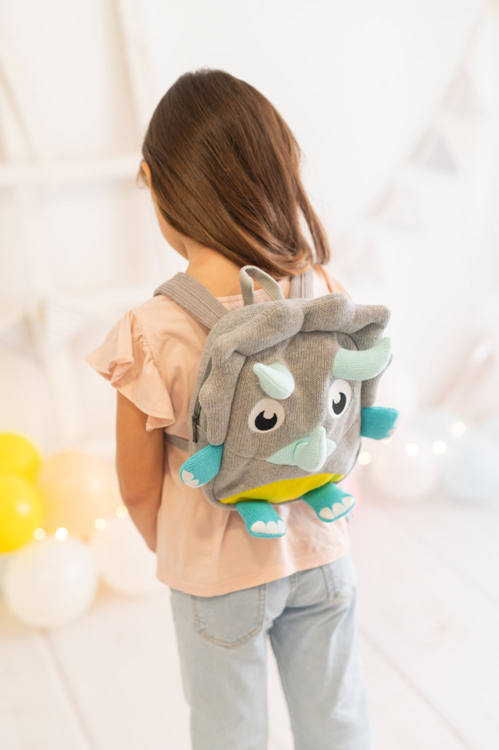 Mochila infantil algodón dinosaurio gris y azul
