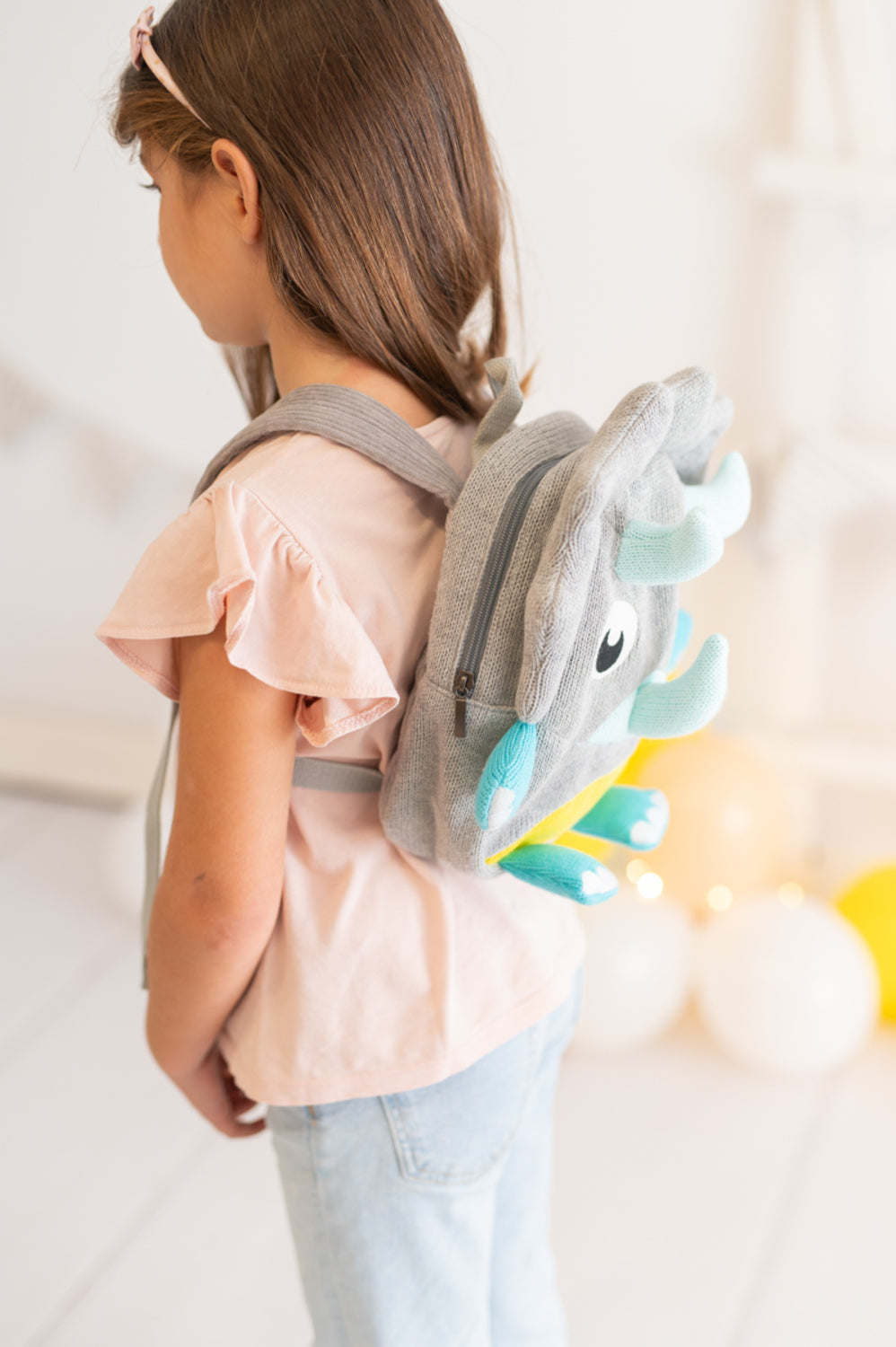 Mochila infantil algodón dinosaurio gris y azul