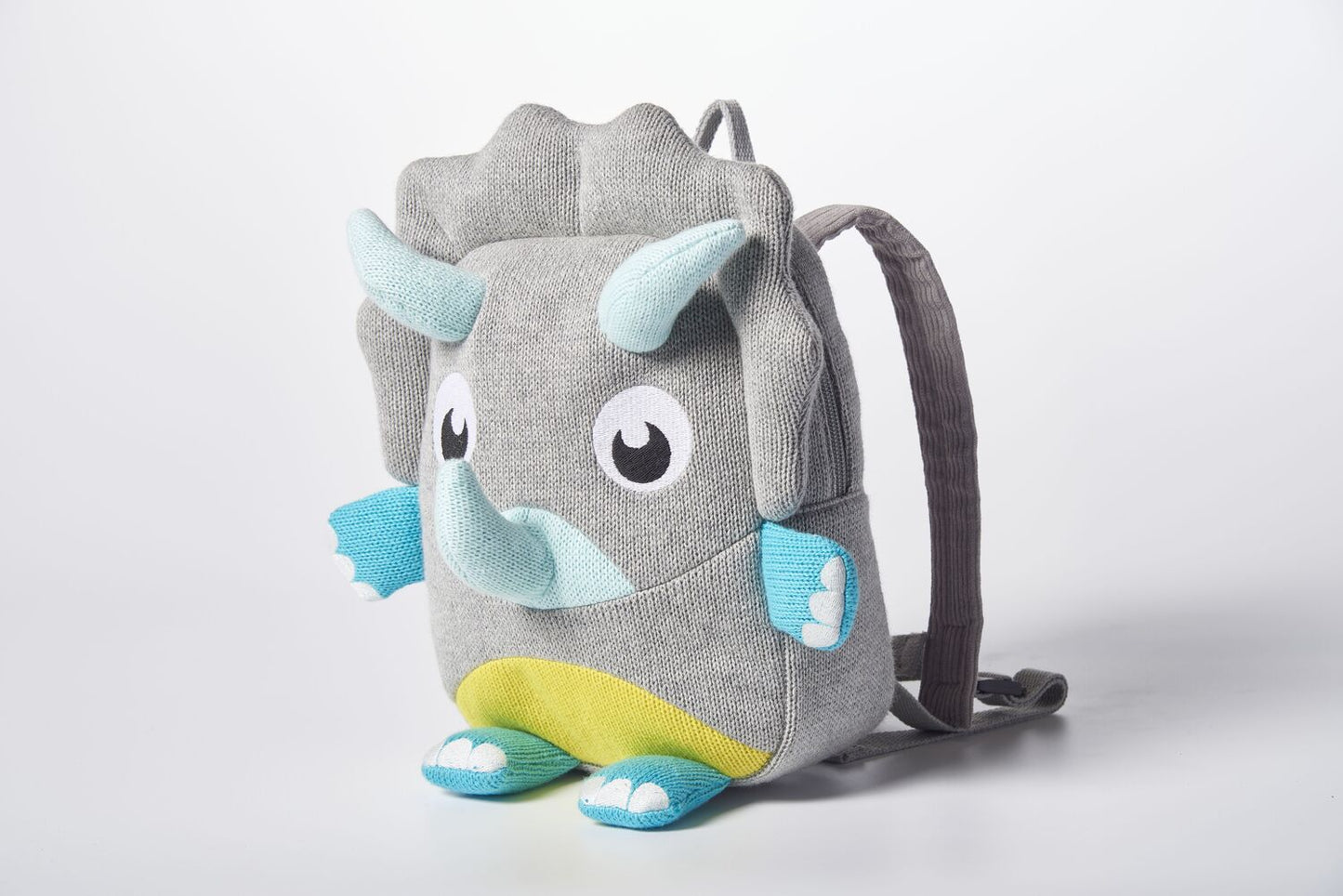 Mochila infantil algodón dinosaurio gris y azul
