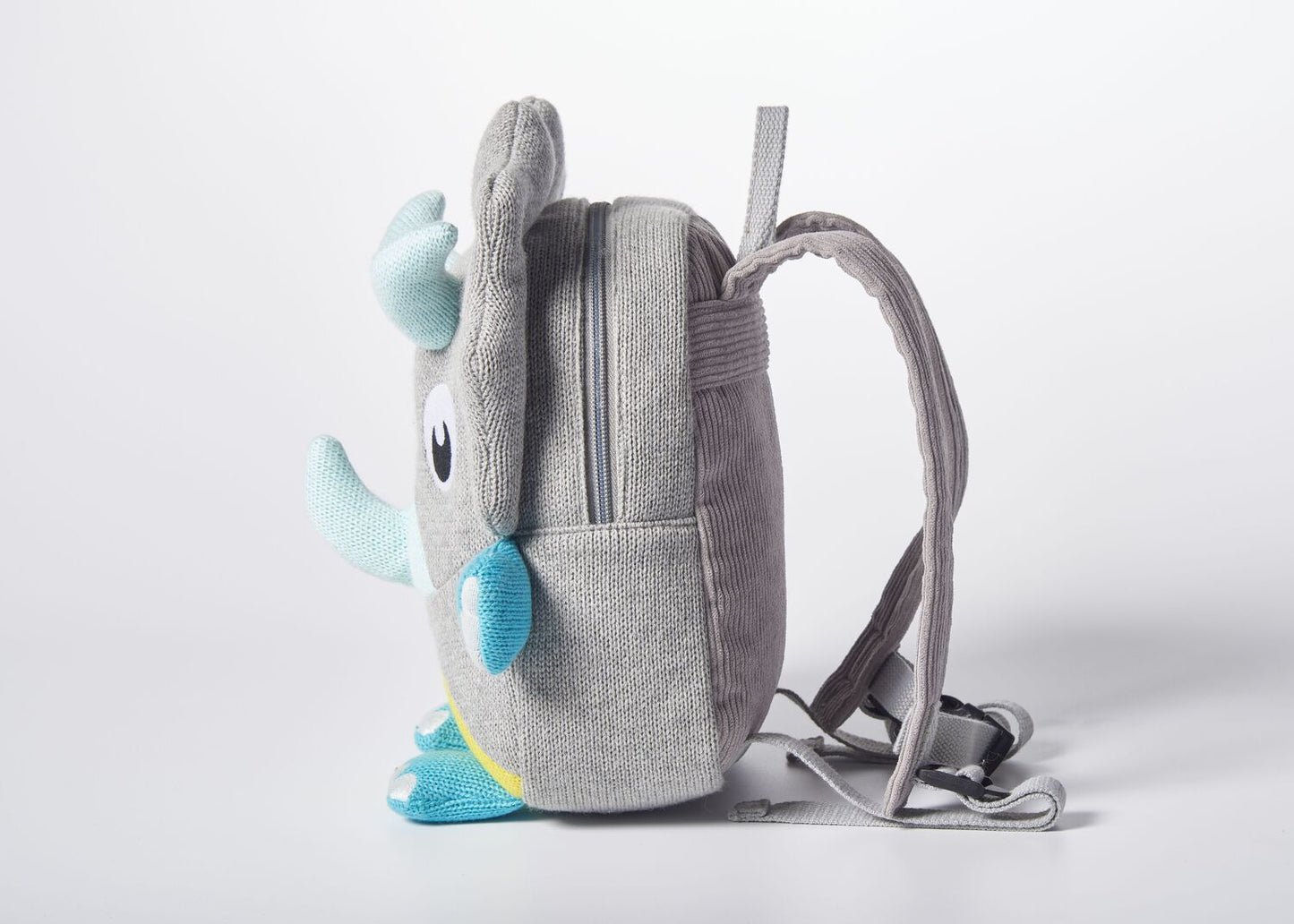 Mochila infantil algodón dinosaurio gris y azul