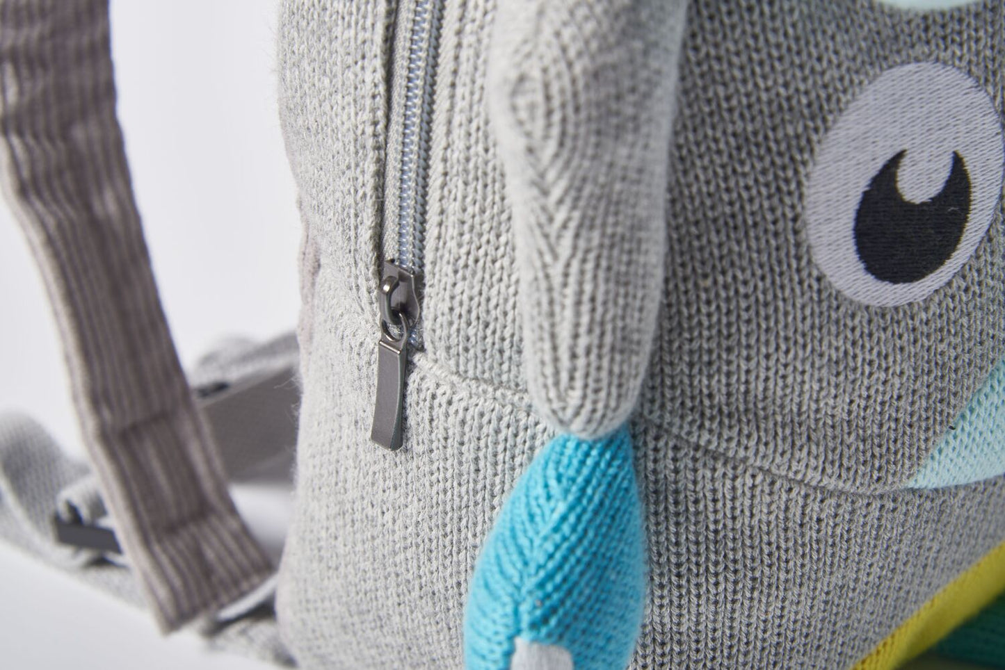 Mochila infantil algodón dinosaurio gris y azul