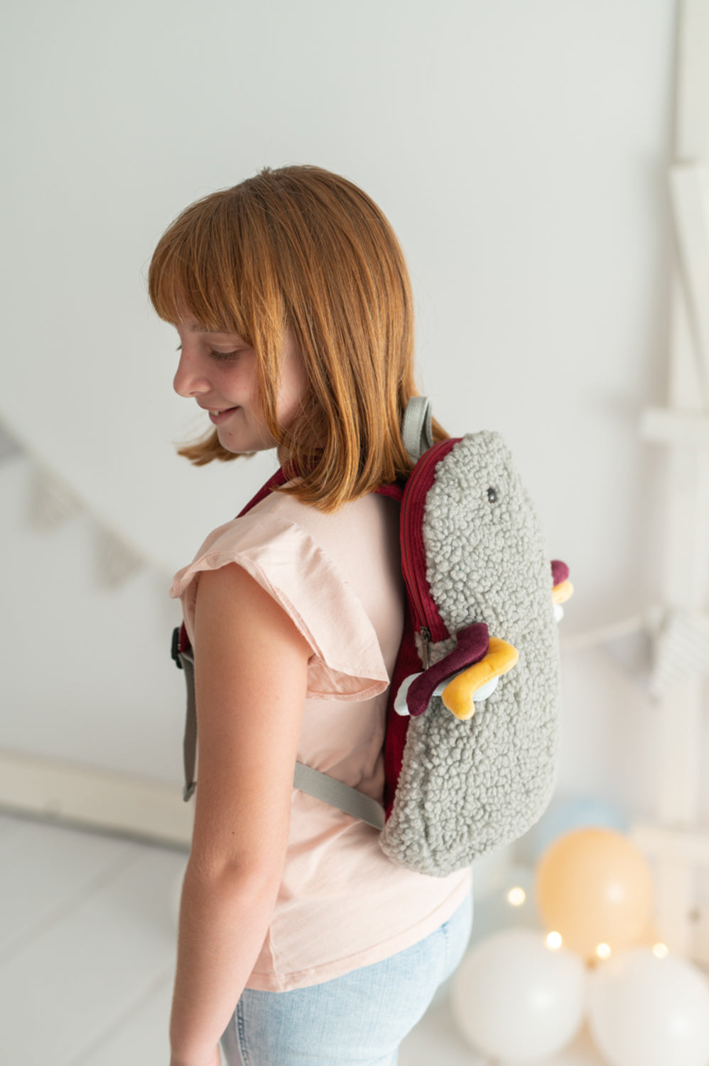 Mochila infantil algodón araña gris y blanca