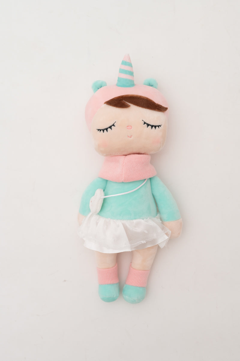 Muñeca infantil tela peluche unicornio rosa y verde