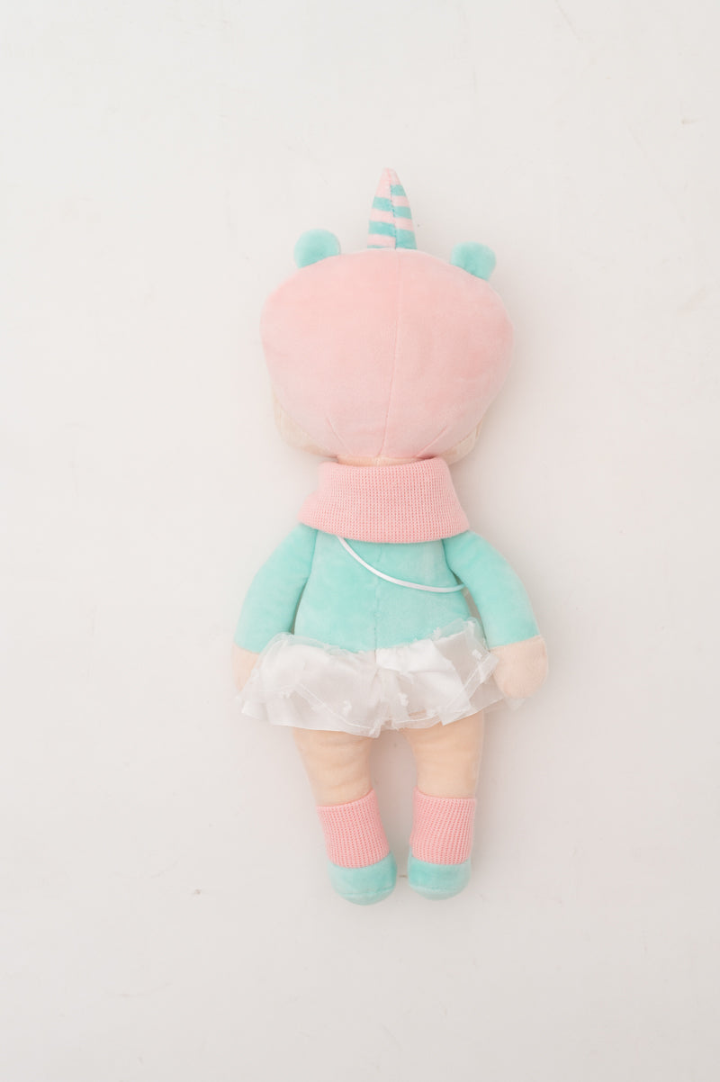 Muñeca infantil tela peluche unicornio rosa y verde