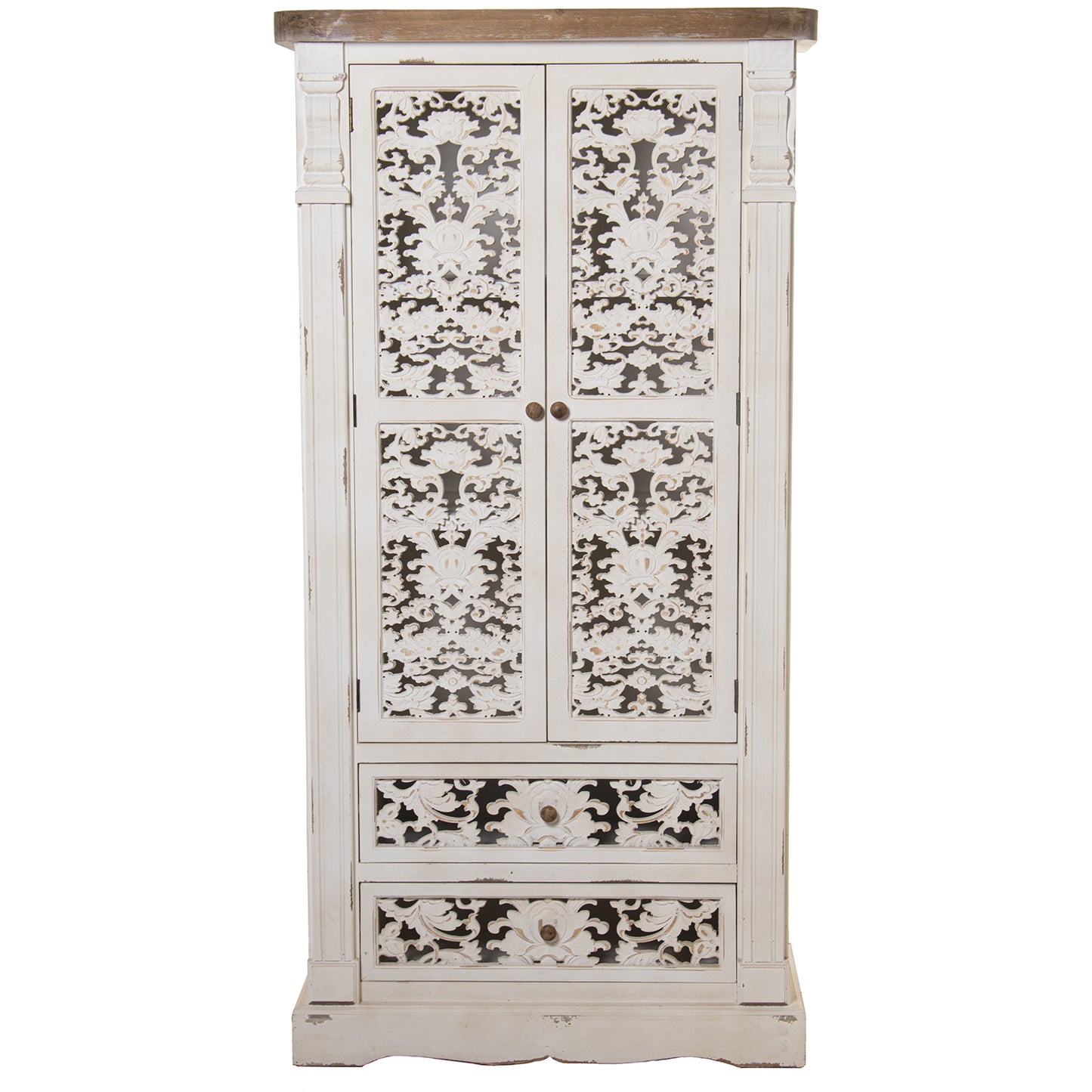 ARMARIO MADERA C/2 PUERTAS +2 CAJONES TALLADO BLANCO ENVEJEC