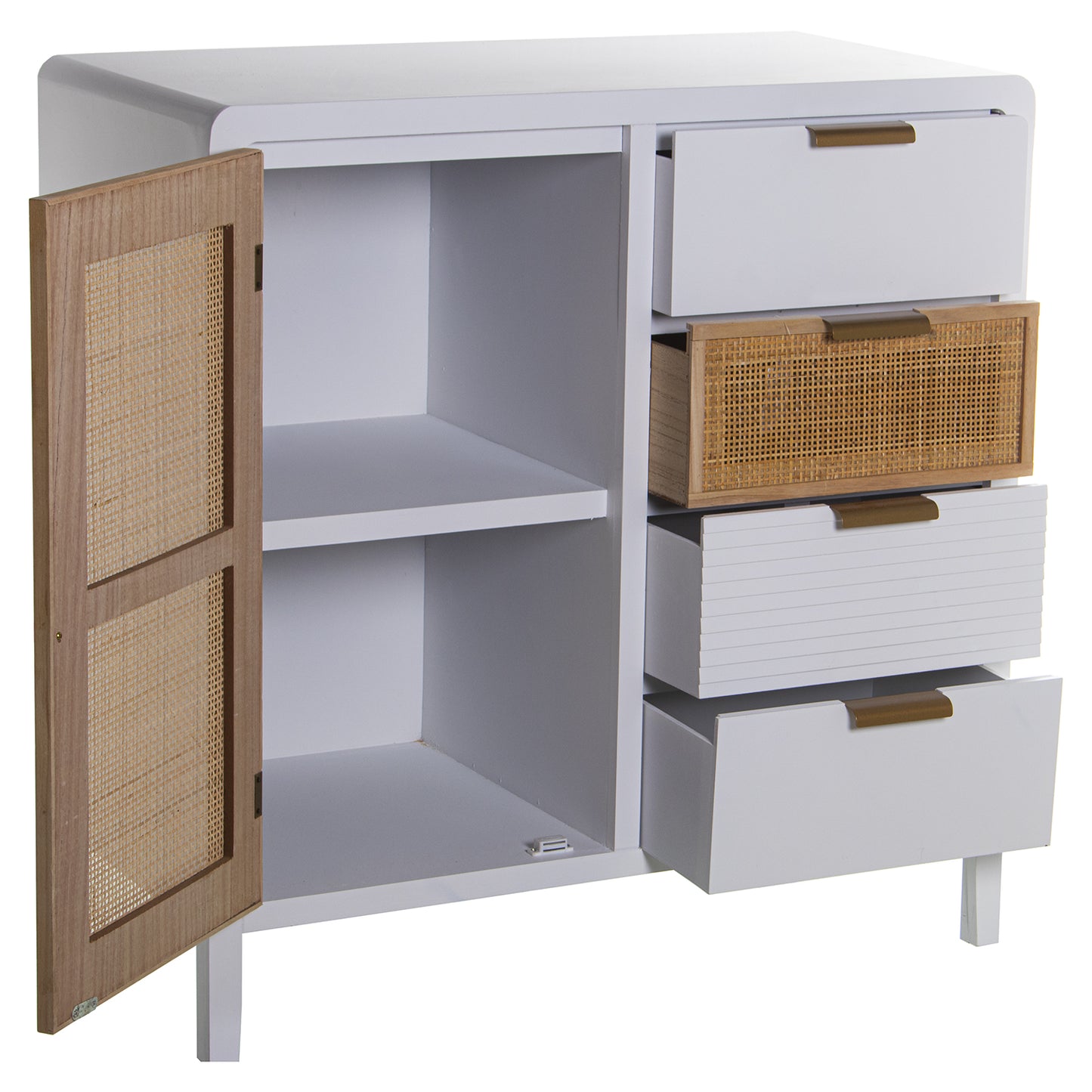 MUEBLE ENTRADA MADERA 4 CAJONE S+PUERTA BLANCO/RATAN