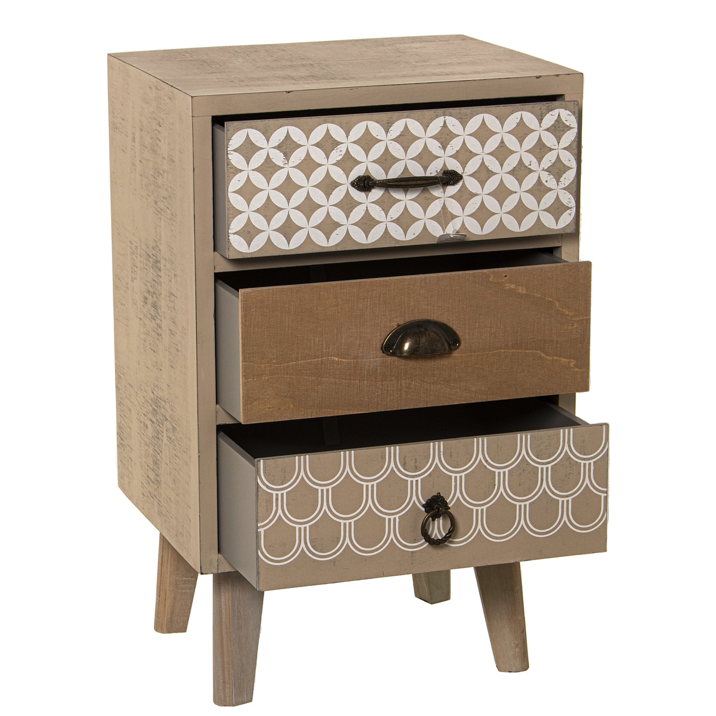 MESA DE NOCHE MADERA C/3 CAJON ES: ABETO+CONTRACH.+PATAS PINO