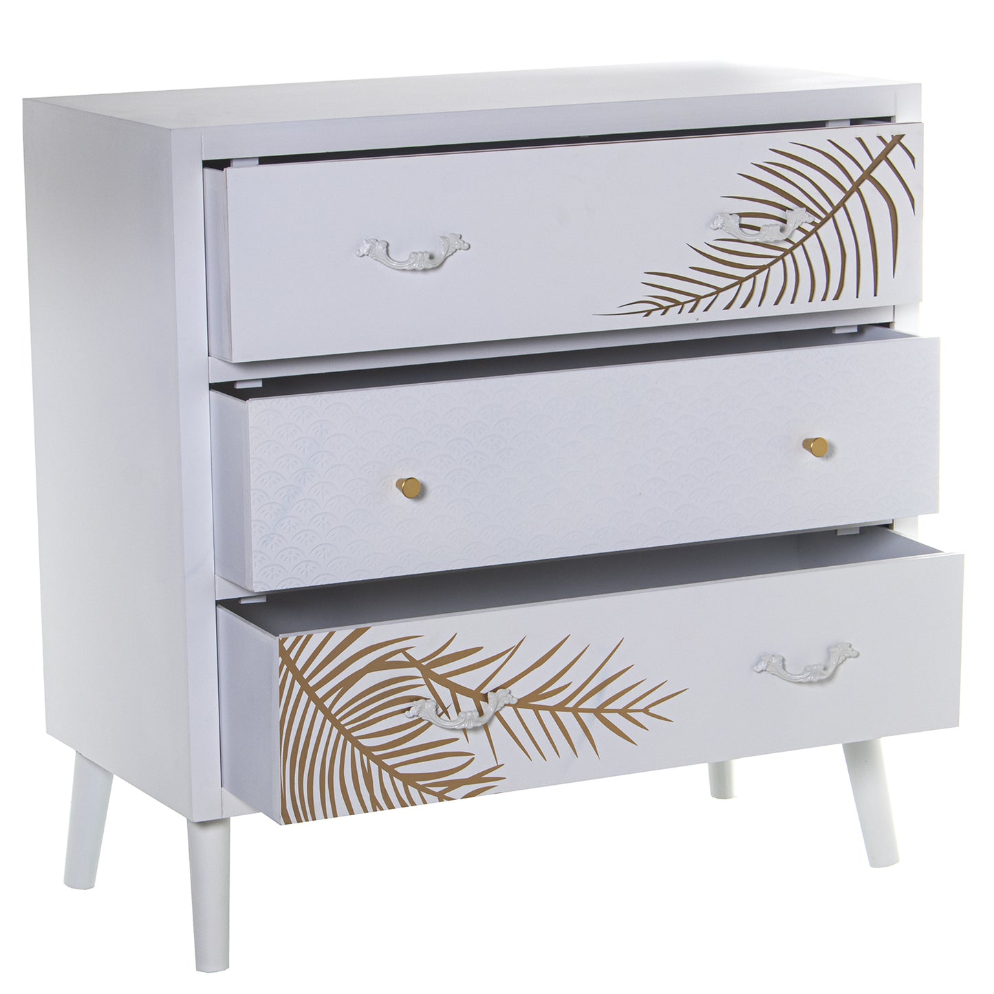 COMODA MADERA C/3 CAJONES BLAN CO RELIEVE+HOJA DORADA