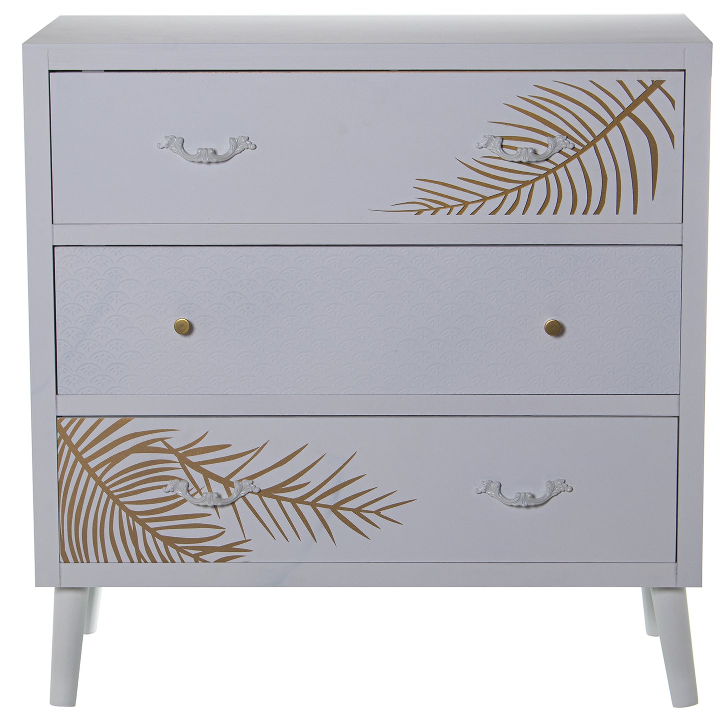 COMODA MADERA C/3 CAJONES BLAN CO RELIEVE+HOJA DORADA
