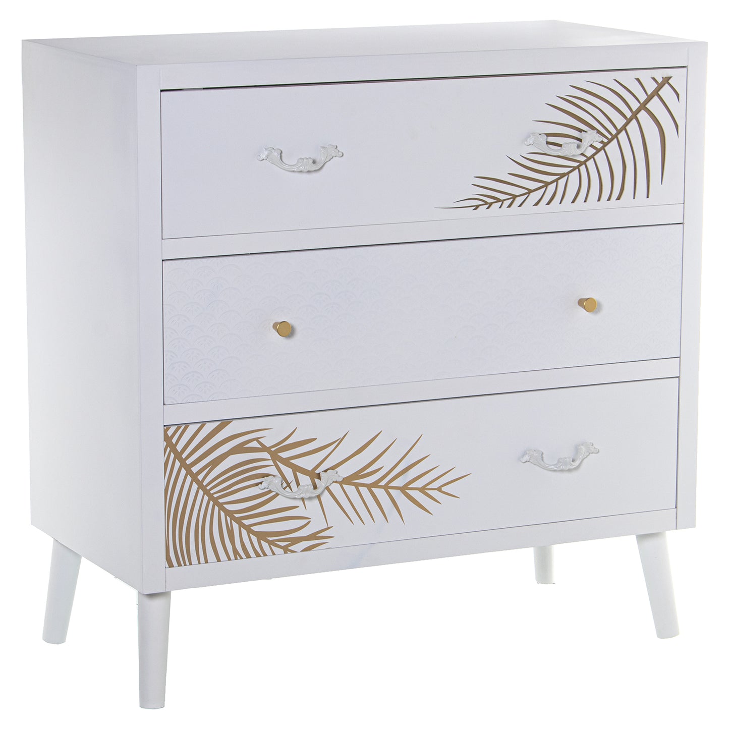 COMODA MADERA C/3 CAJONES BLAN CO RELIEVE+HOJA DORADA