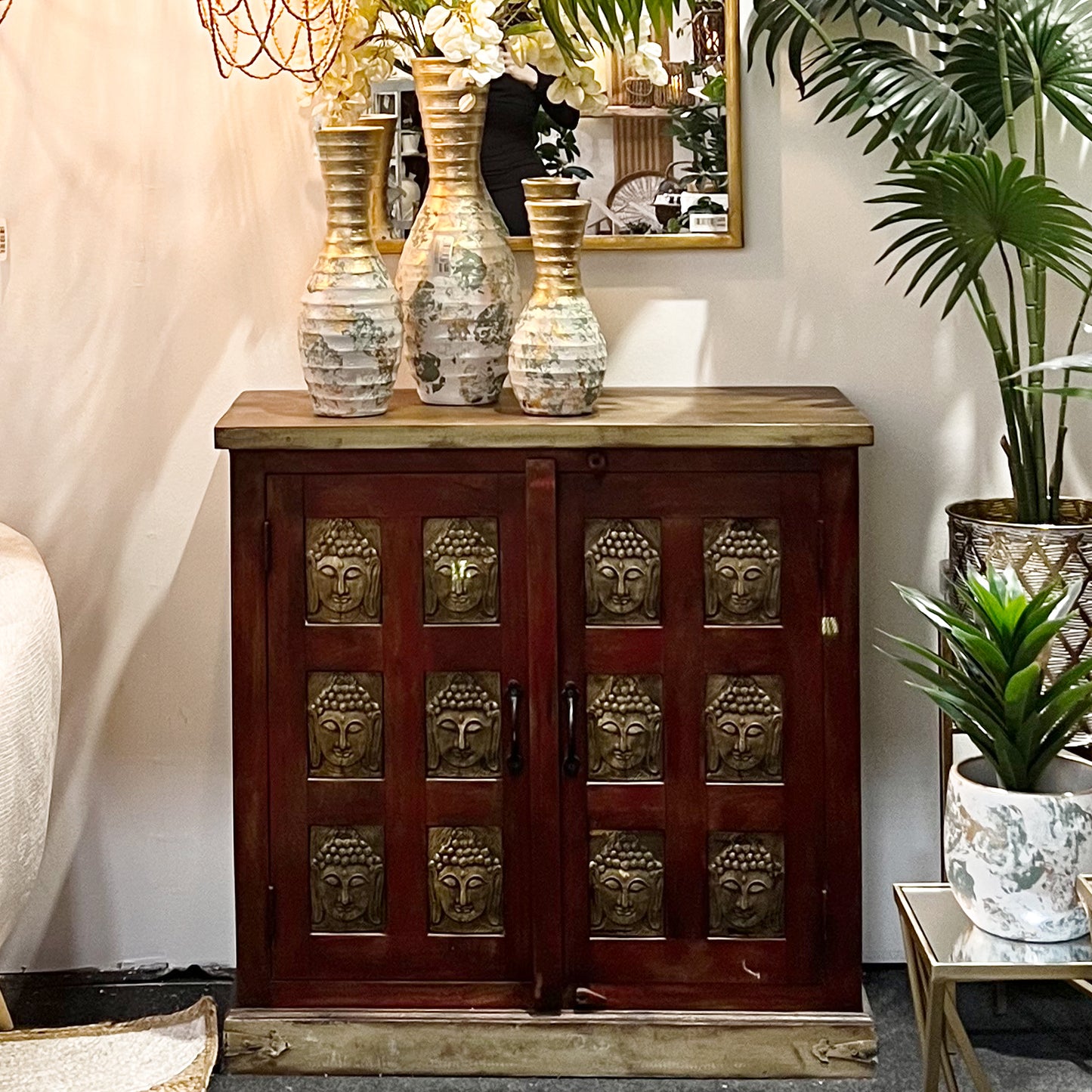 MUEBLE ENTRADA MADERA MANGO C/ 2 PUERTAS ROJO/BUDAS DORADOS