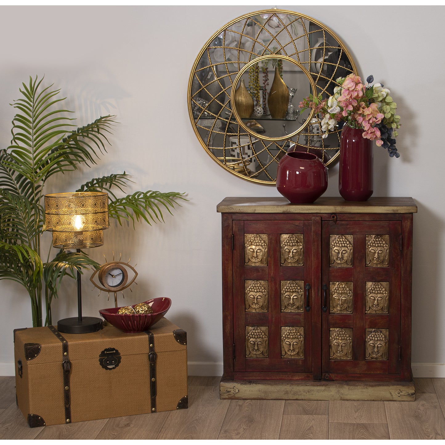 MUEBLE ENTRADA MADERA MANGO C/ 2 PUERTAS ROJO/BUDAS DORADOS