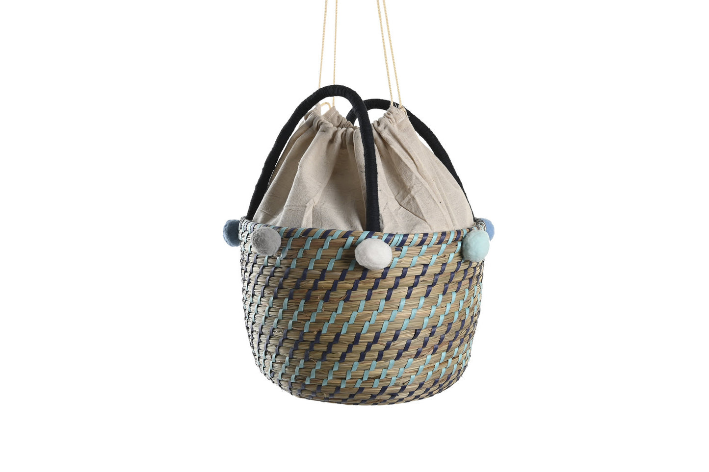 CESTA SET 3 SEAGRASS POLIESTER 43X43X43 POMPONES