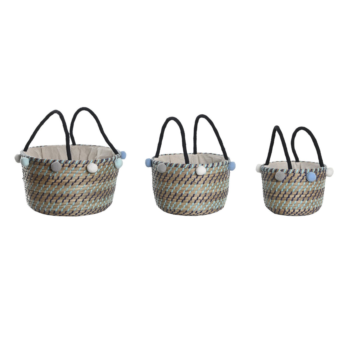 CESTA SET 3 SEAGRASS POLIESTER 43X43X43 POMPONES