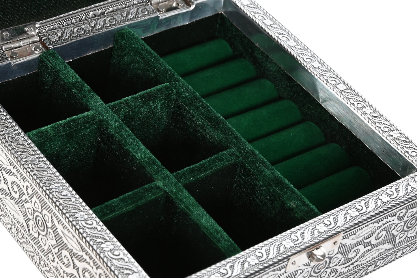 JOYERO MADERA ALUMINIO 18X18X6 PAVO REAL PLATEADO