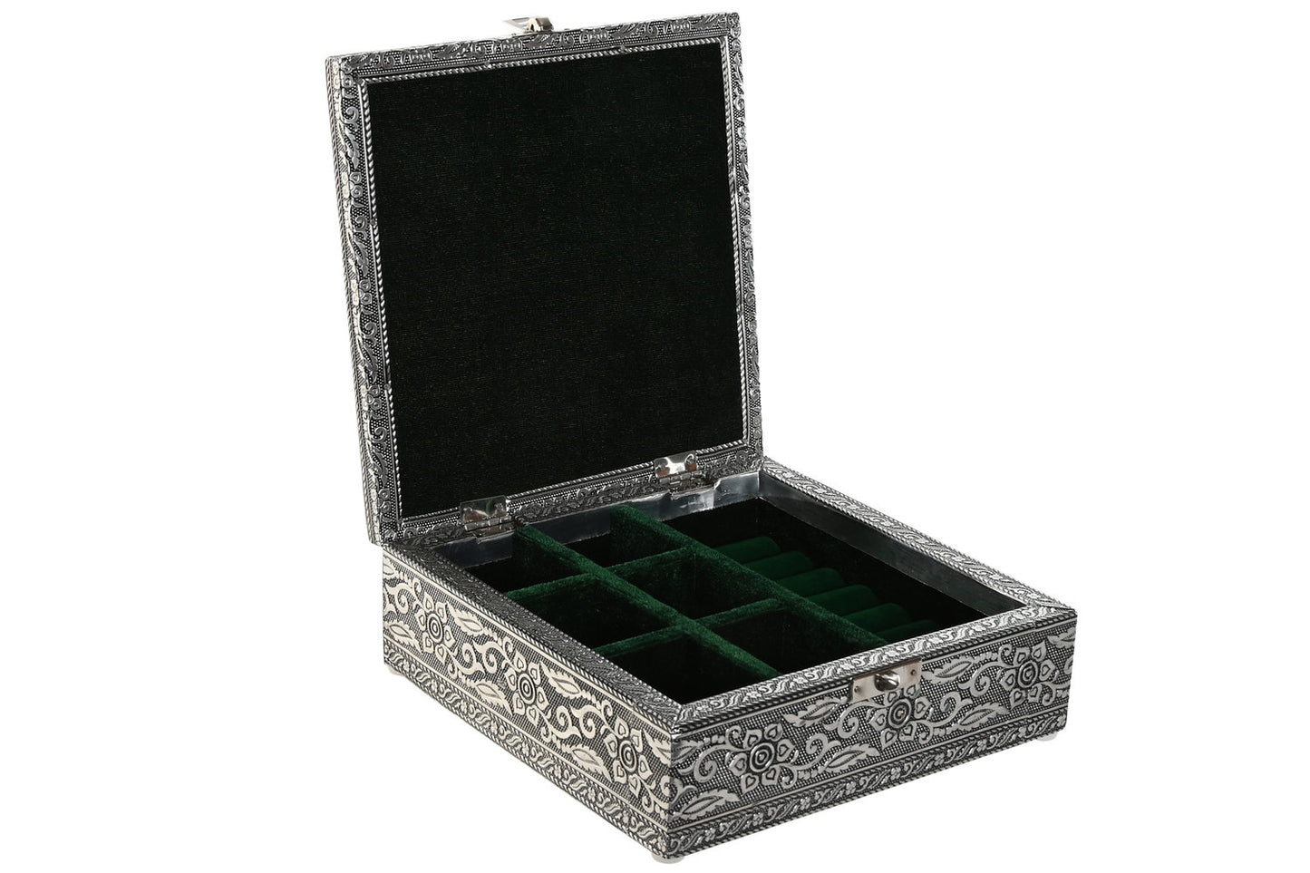 JOYERO MADERA ALUMINIO 18X18X6 PAVO REAL PLATEADO