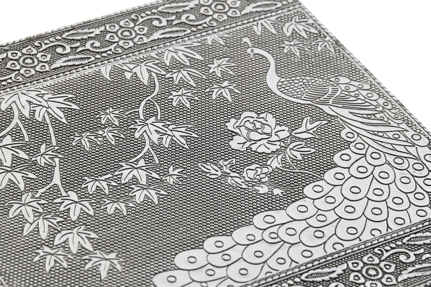 JOYERO MADERA ALUMINIO 18X18X6 PAVO REAL PLATEADO