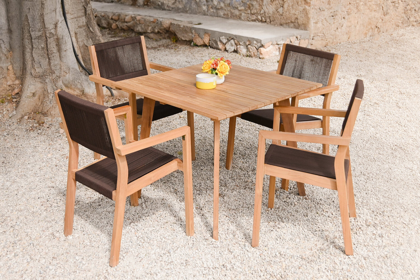 MESA SET 5 TECA CUERDA 90X90X75 54X56X84 MARRON