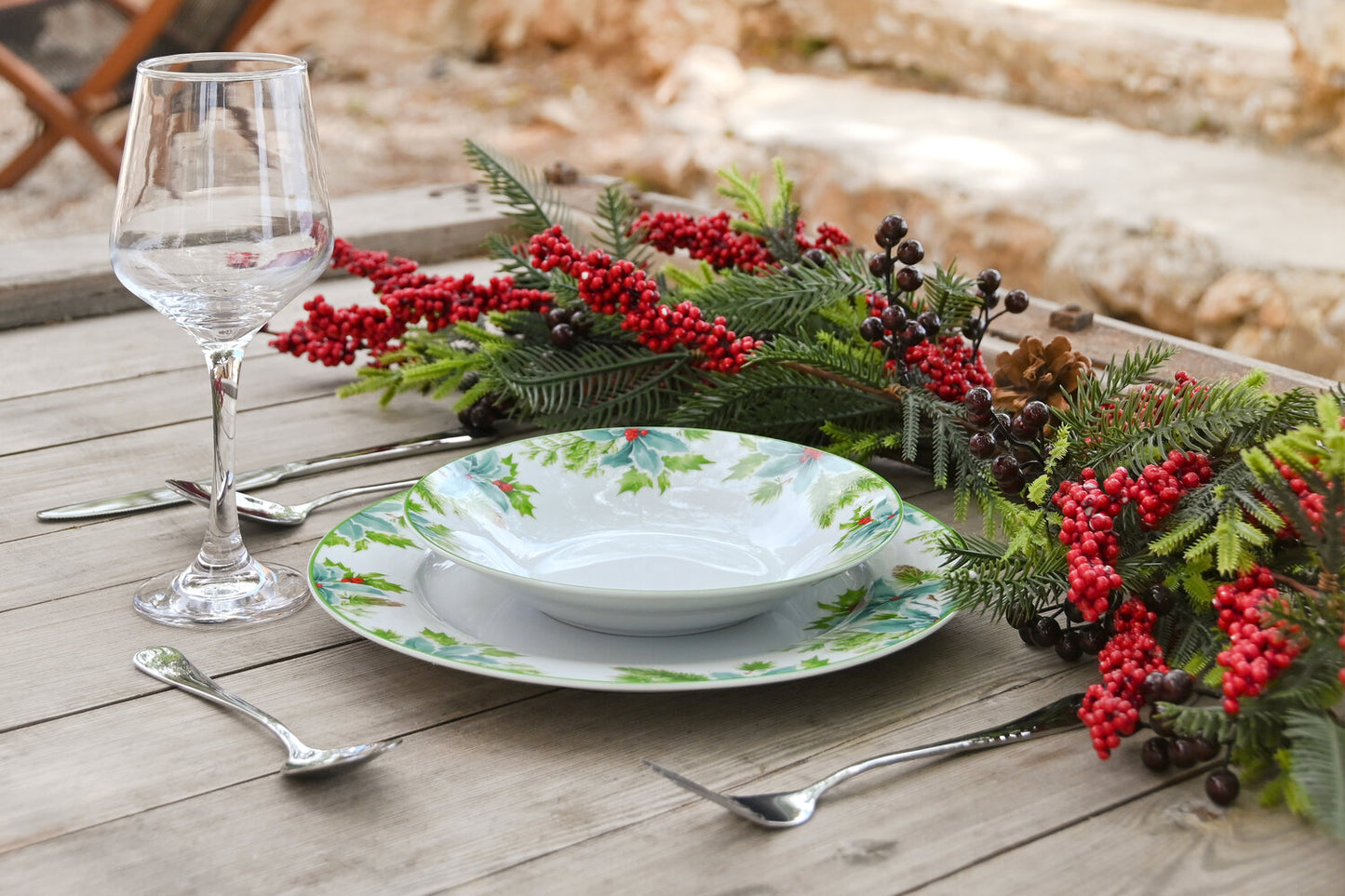 VAJILLA SET 18 PORCELANA 27X27X2 HOJAS VERDE