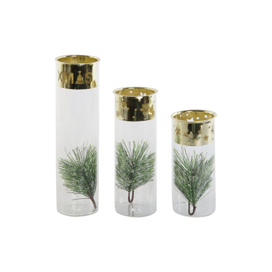 PORTAVELA SET 3 CRISTAL METAL 7X7X16 PINO DORADO