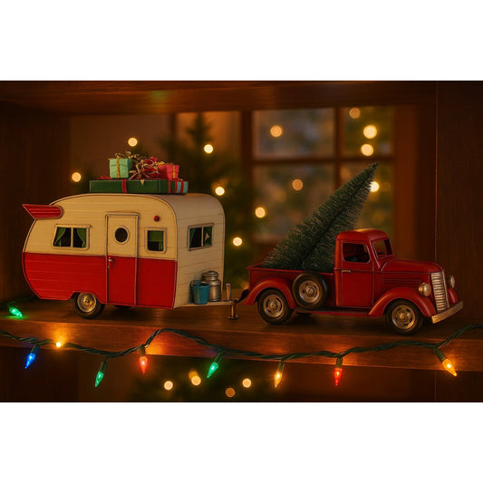 VEHICULO DECORACION METAL 73X19X28:5 CARAVANA ROJO